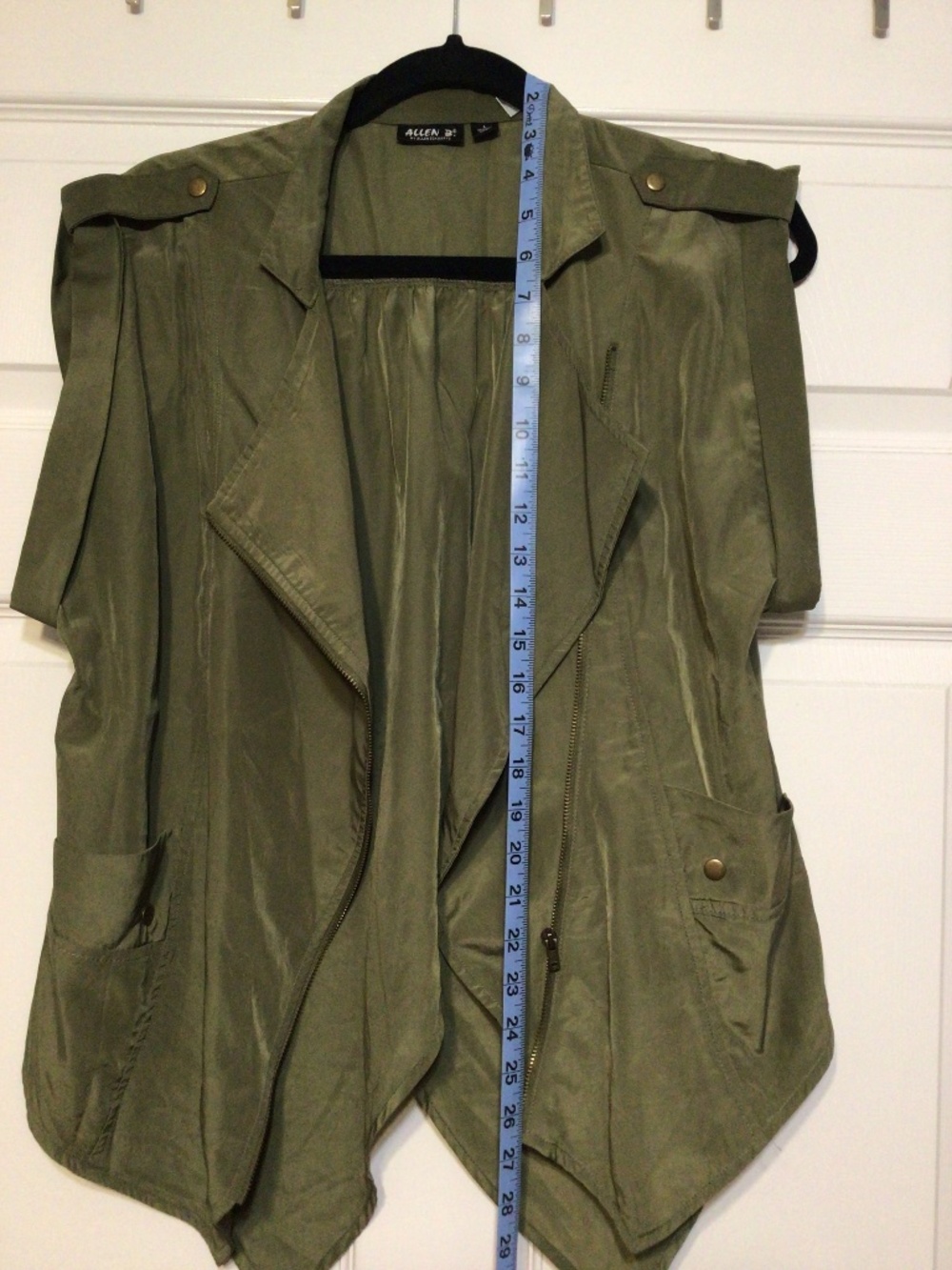 Women's Allen. B Size Large Olive Green Solid Vest Zippered Front Back Openi